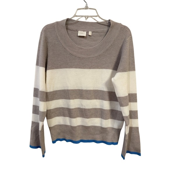 Cyrus Sweaters - Cyrus Womens Striped Scoop Neck Sweater Taupe White Blue Trim C082417 Large